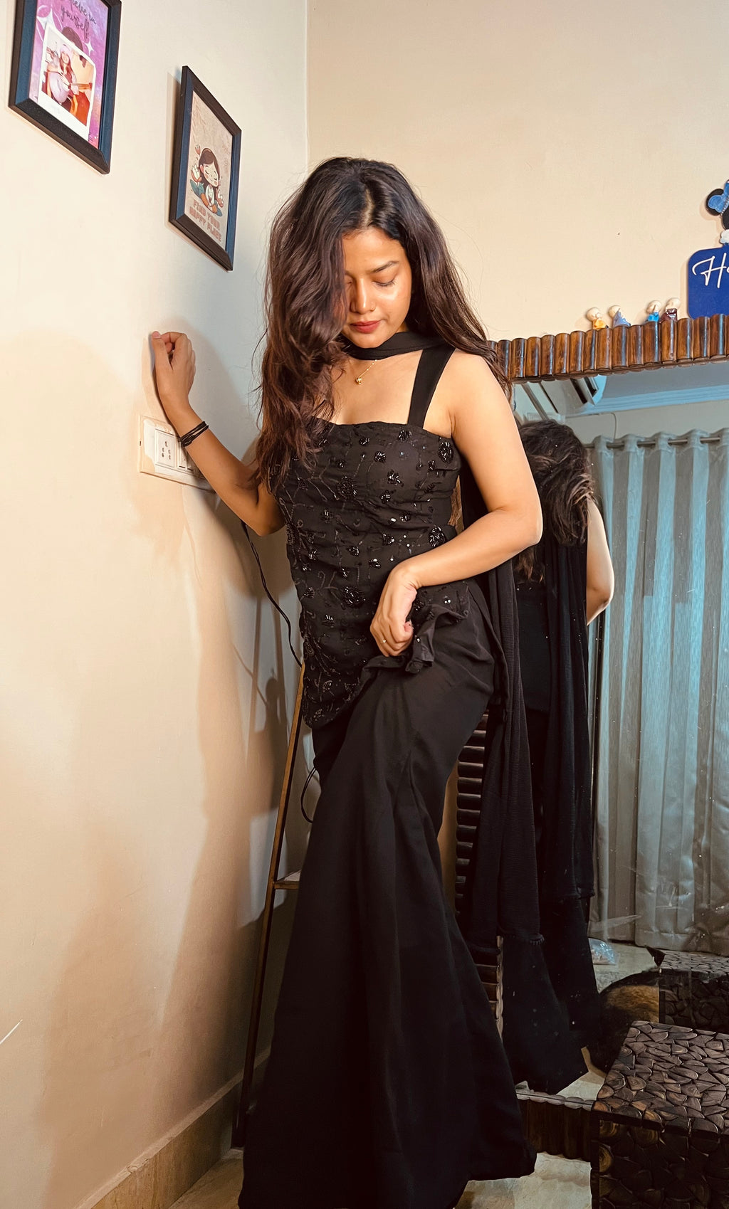 Black Georgette Parallel Suit Set
