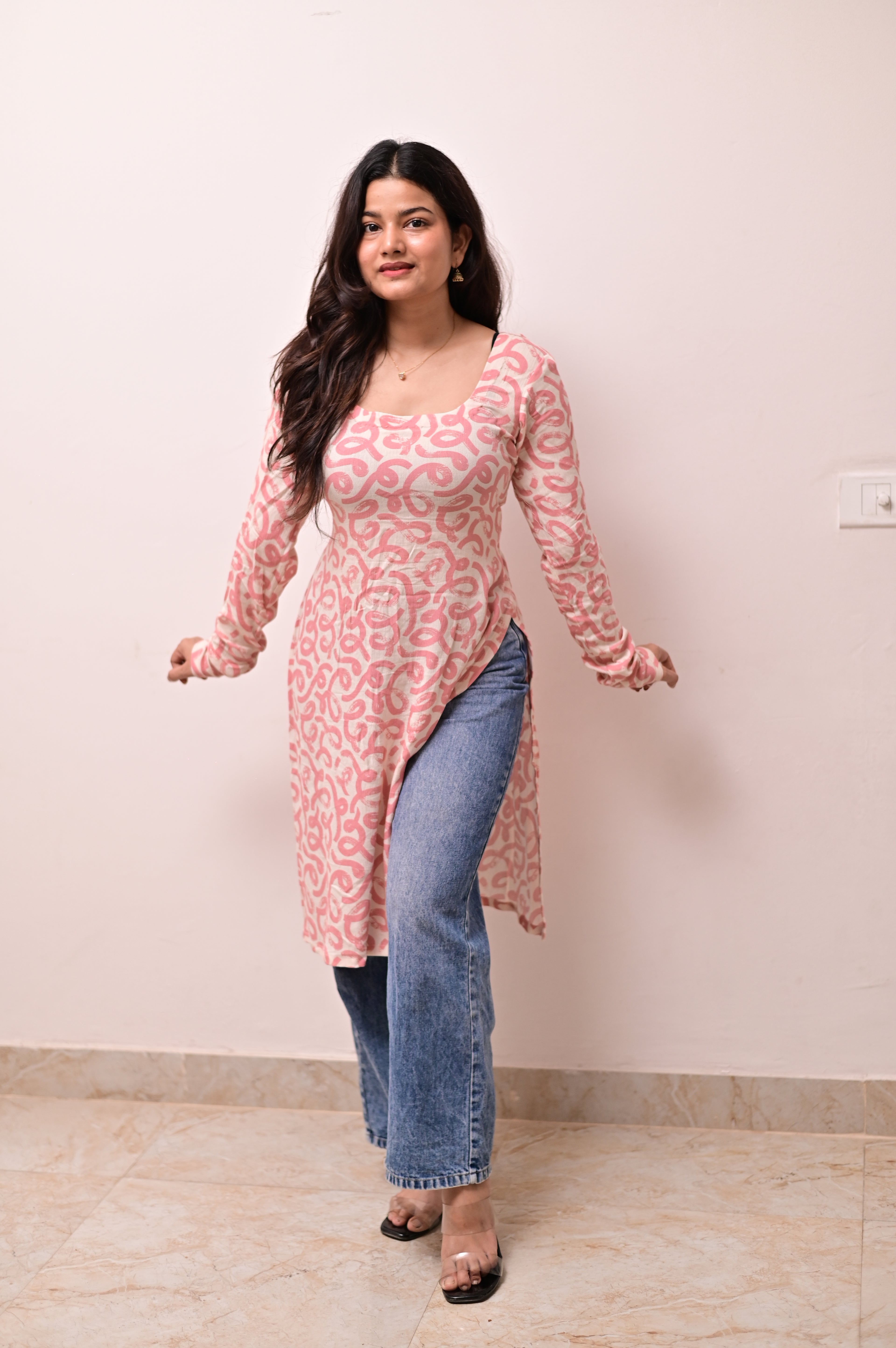 White-Pink Full Sleeves Long Kurti With Corset Back