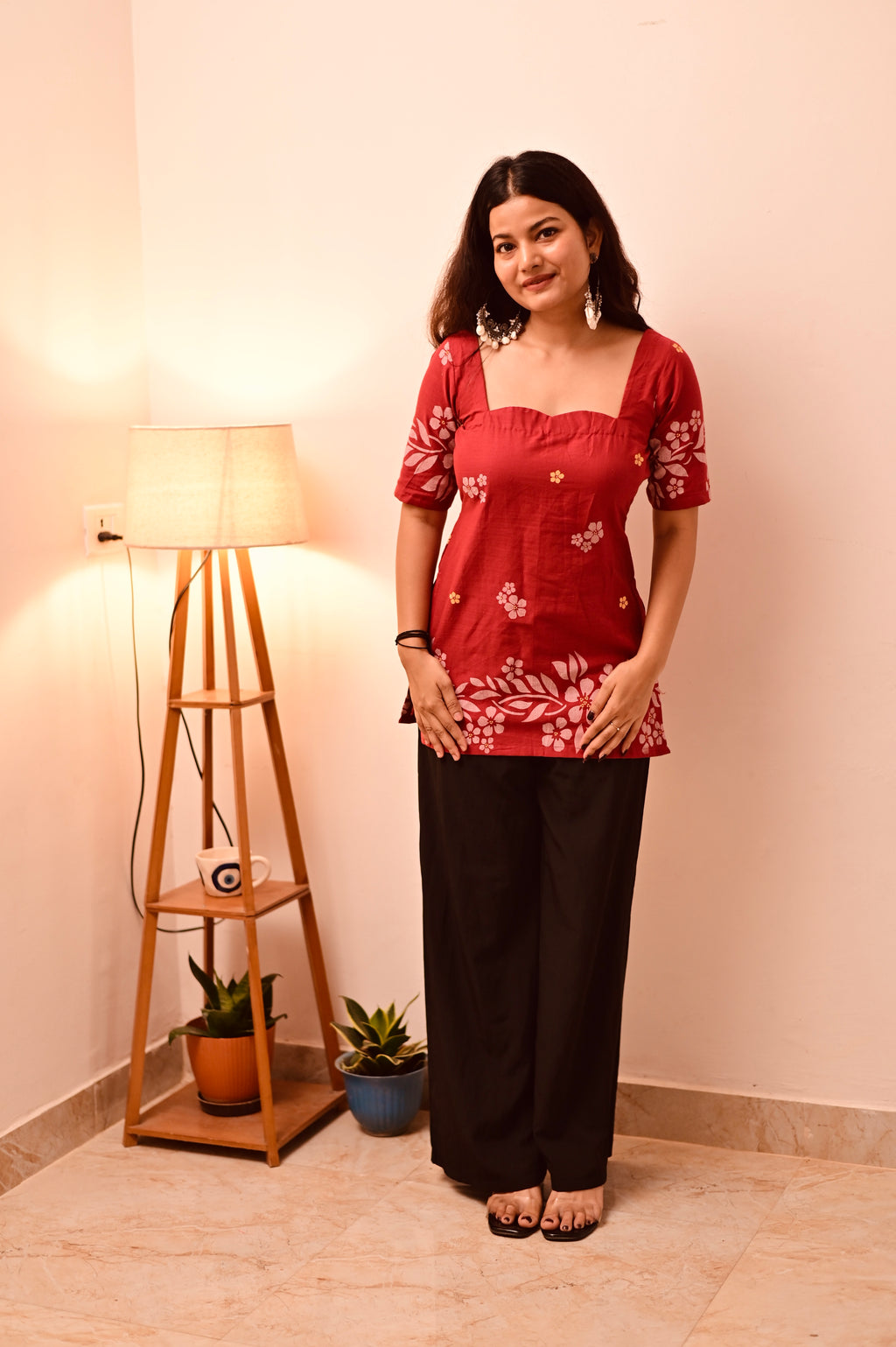 Maroon Semi Sleeve Short Kurti