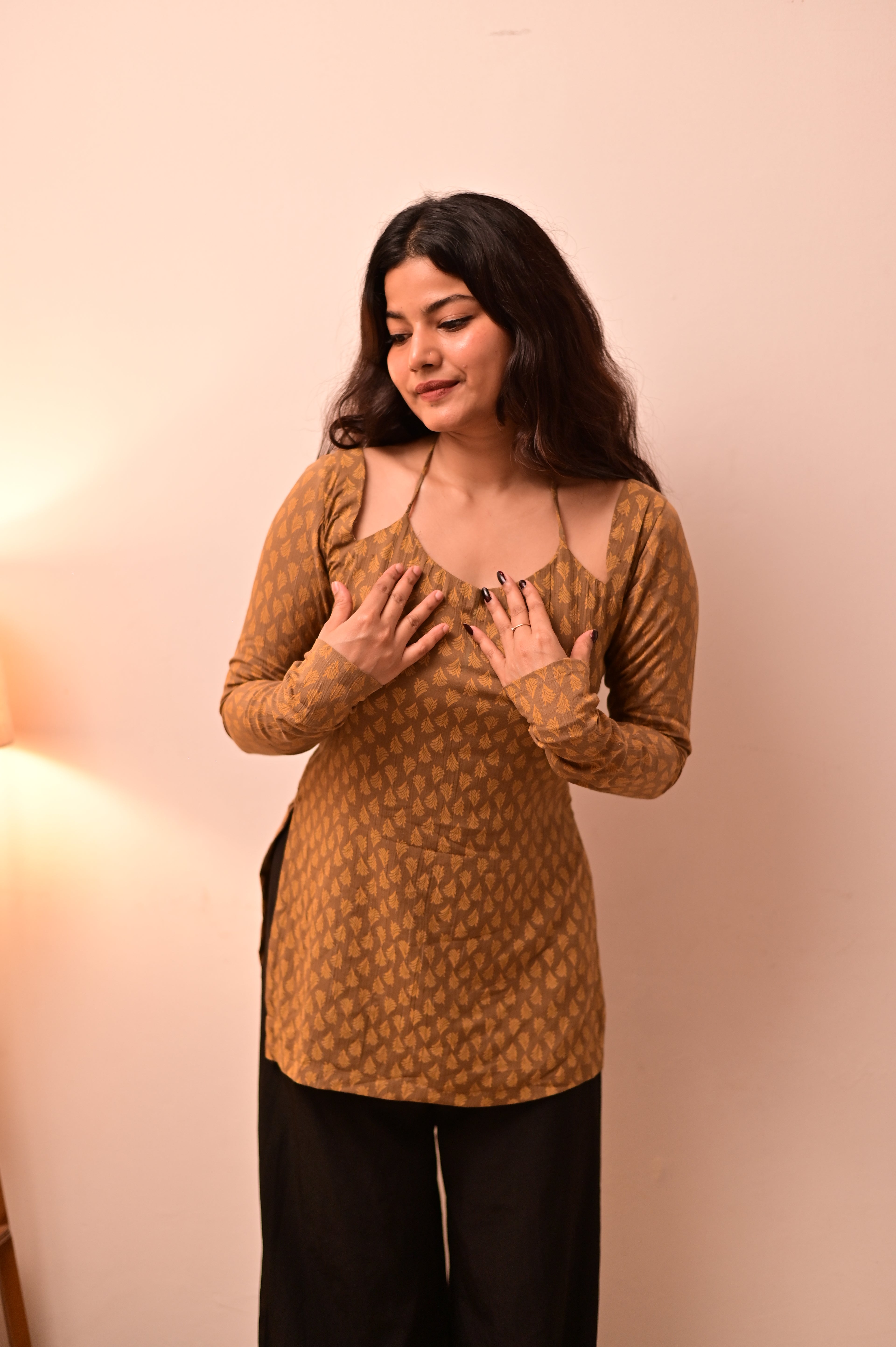 Brown Halter Neck Short Kurti