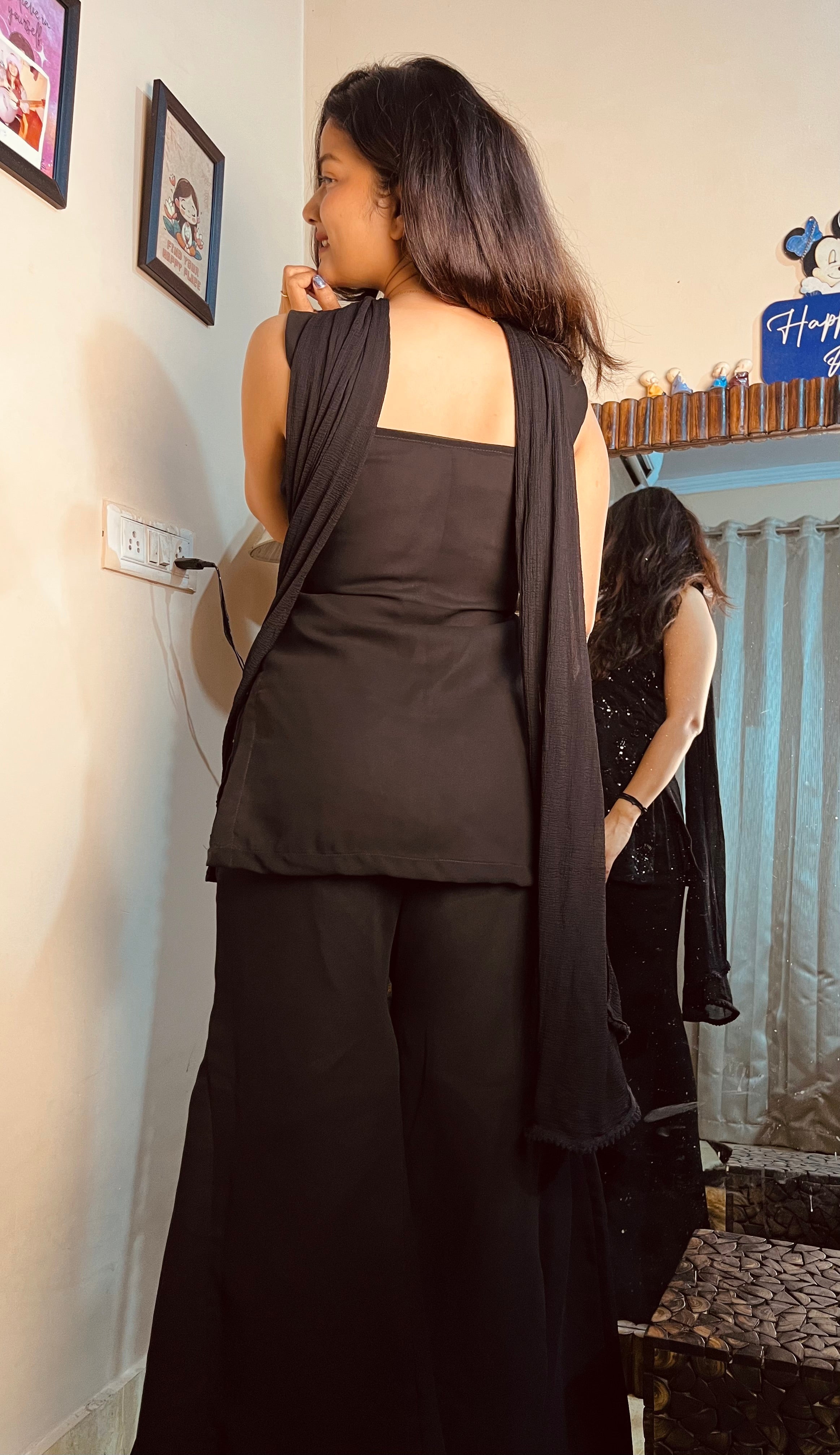 Black Georgette Parallel Suit Set