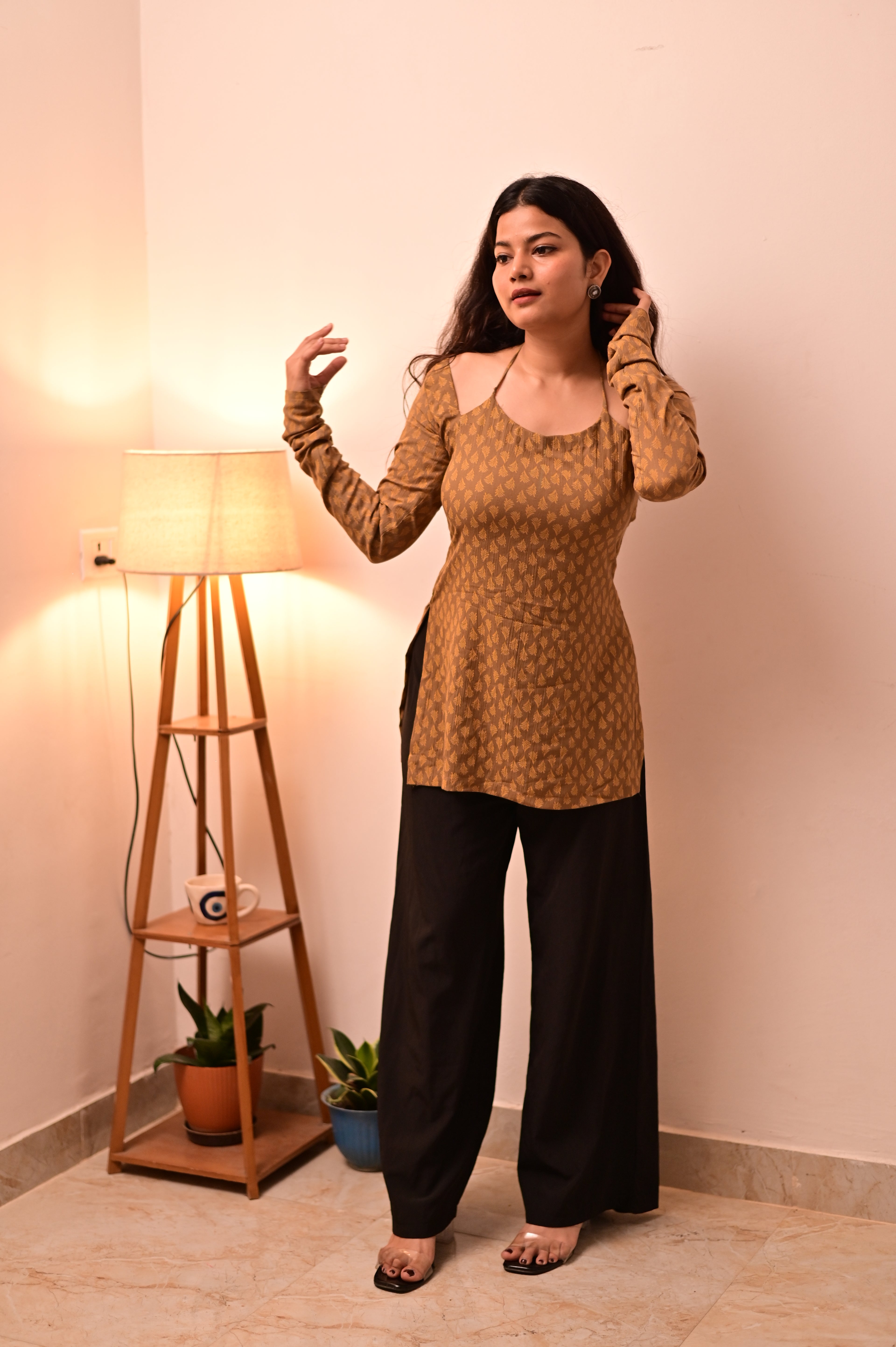 Brown Halter Neck Short Kurti