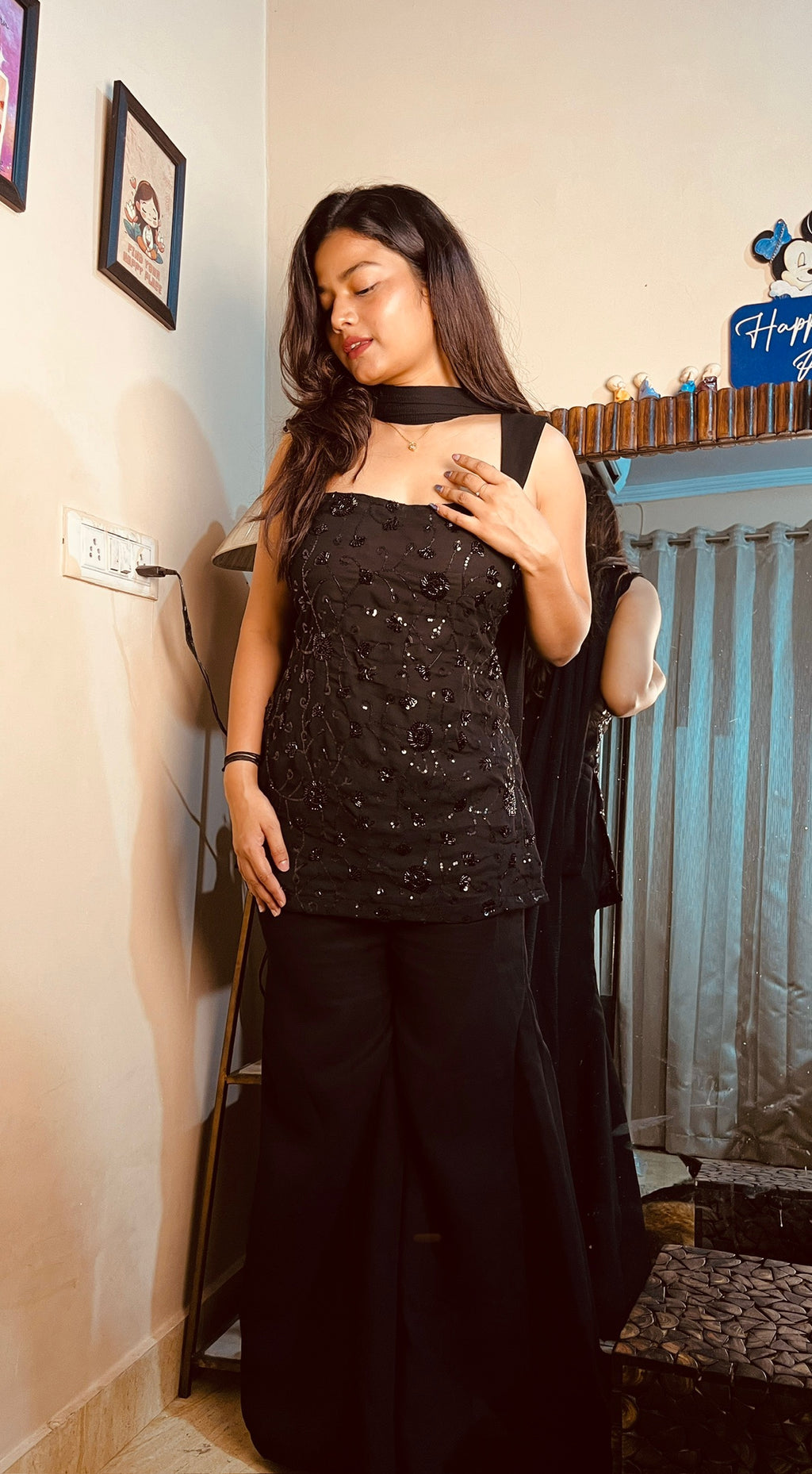 Black Georgette Parallel Suit Set