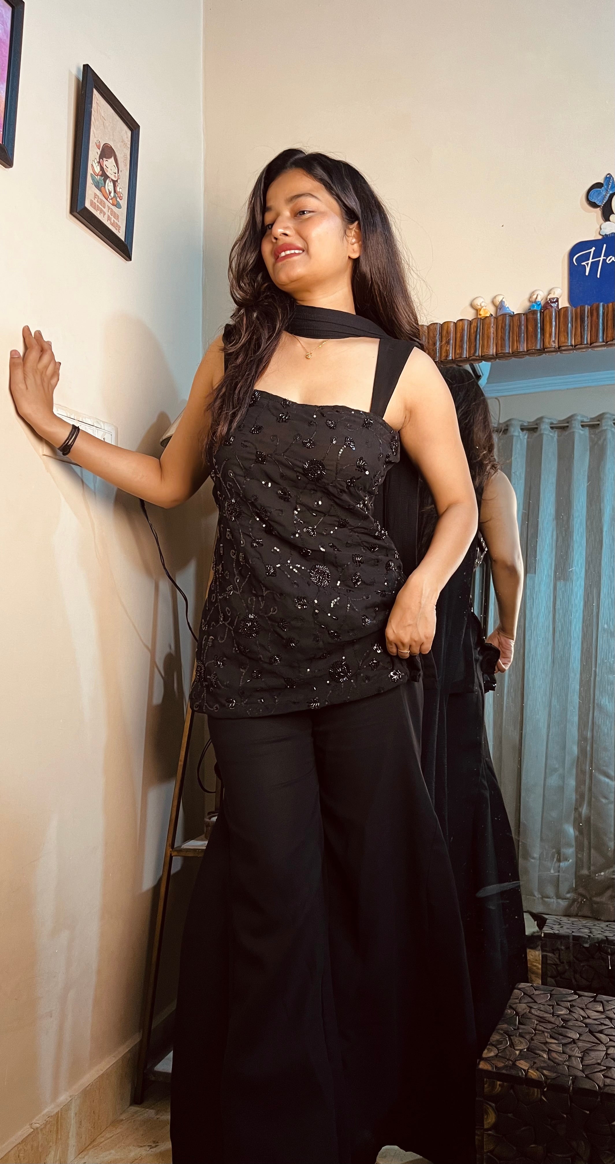 Black Georgette Parallel Suit Set