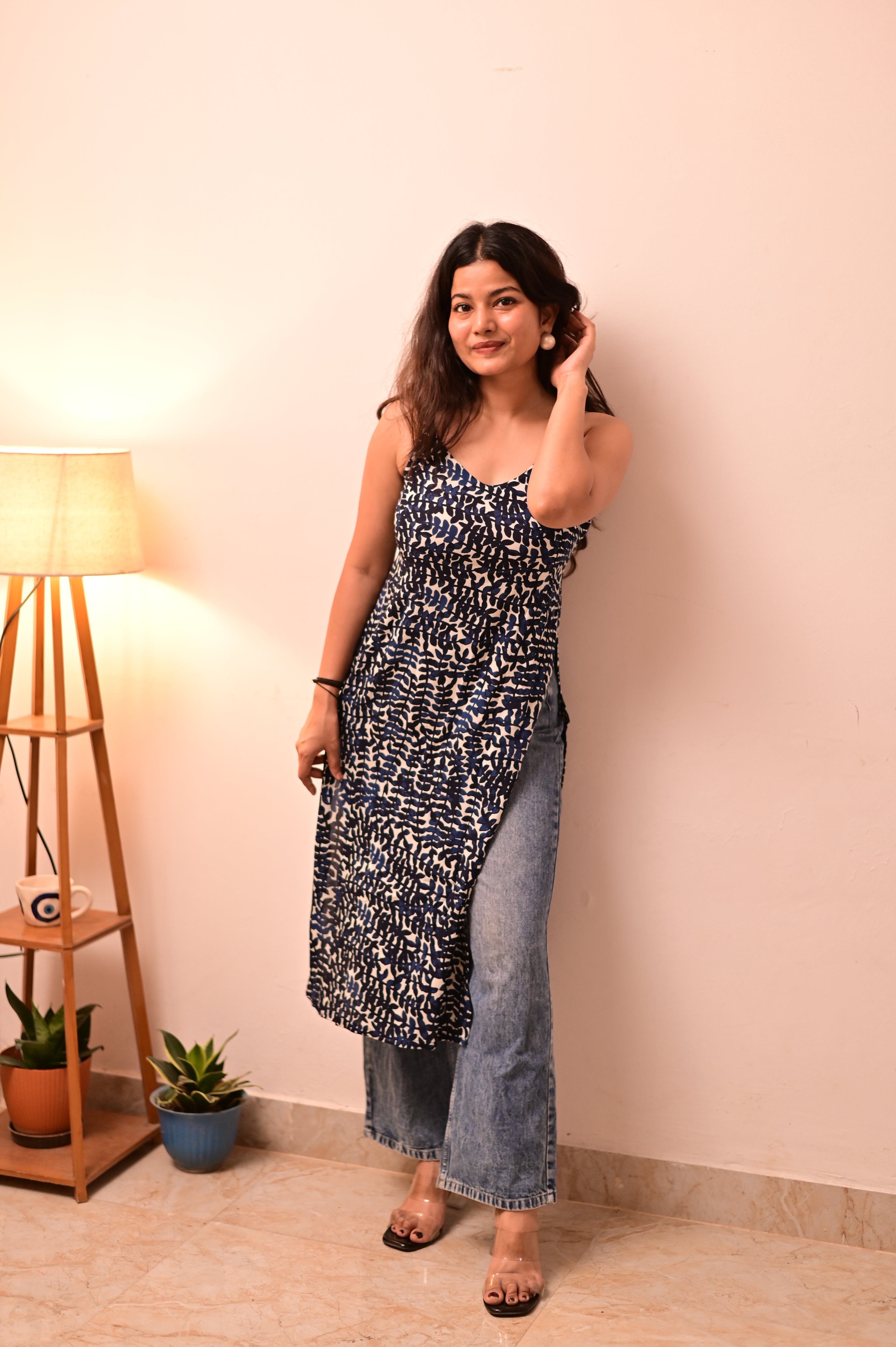Blue Leafy Print Strappy Long Kurti