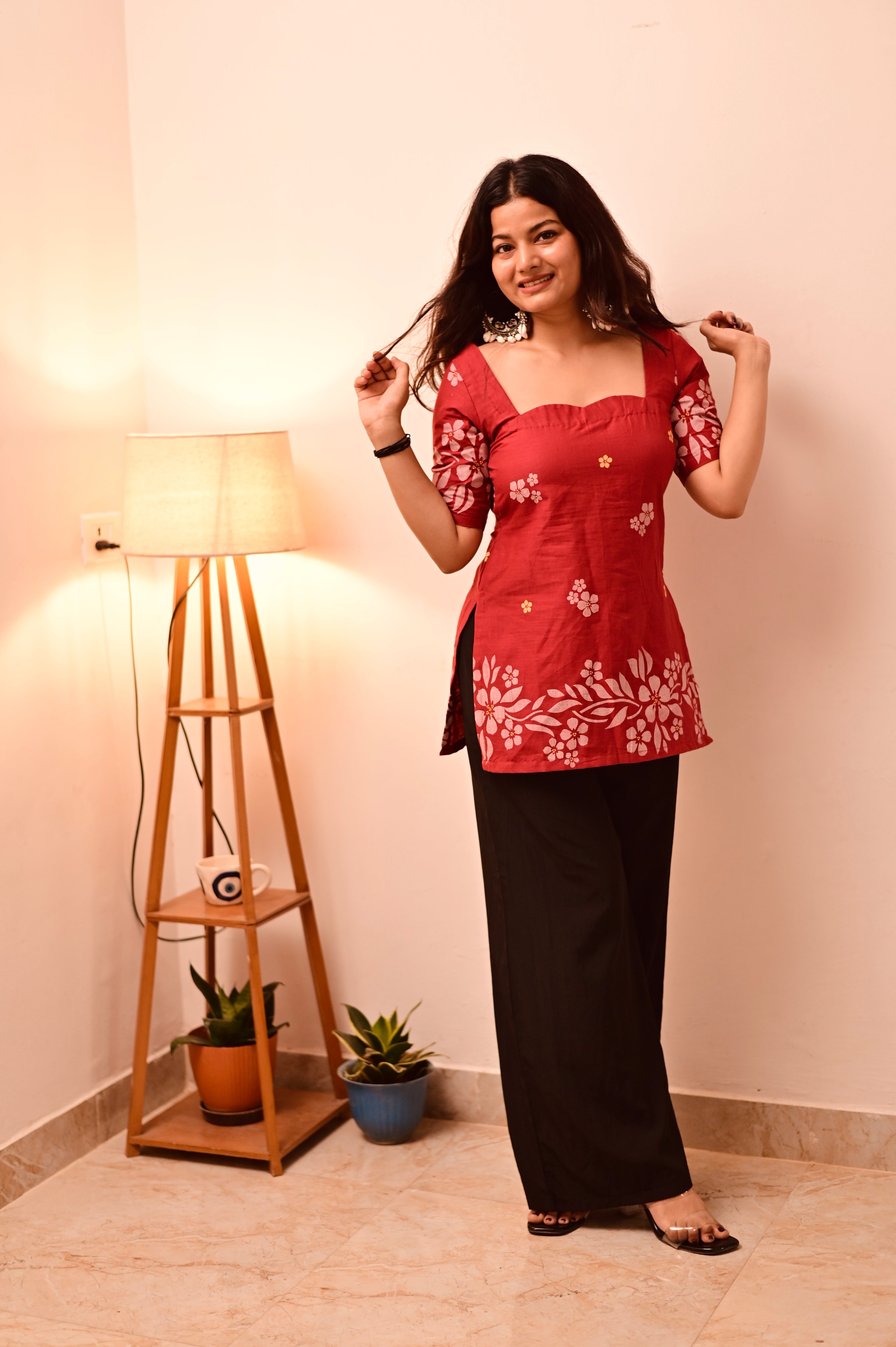 Maroon Semi Sleeve Short Kurti