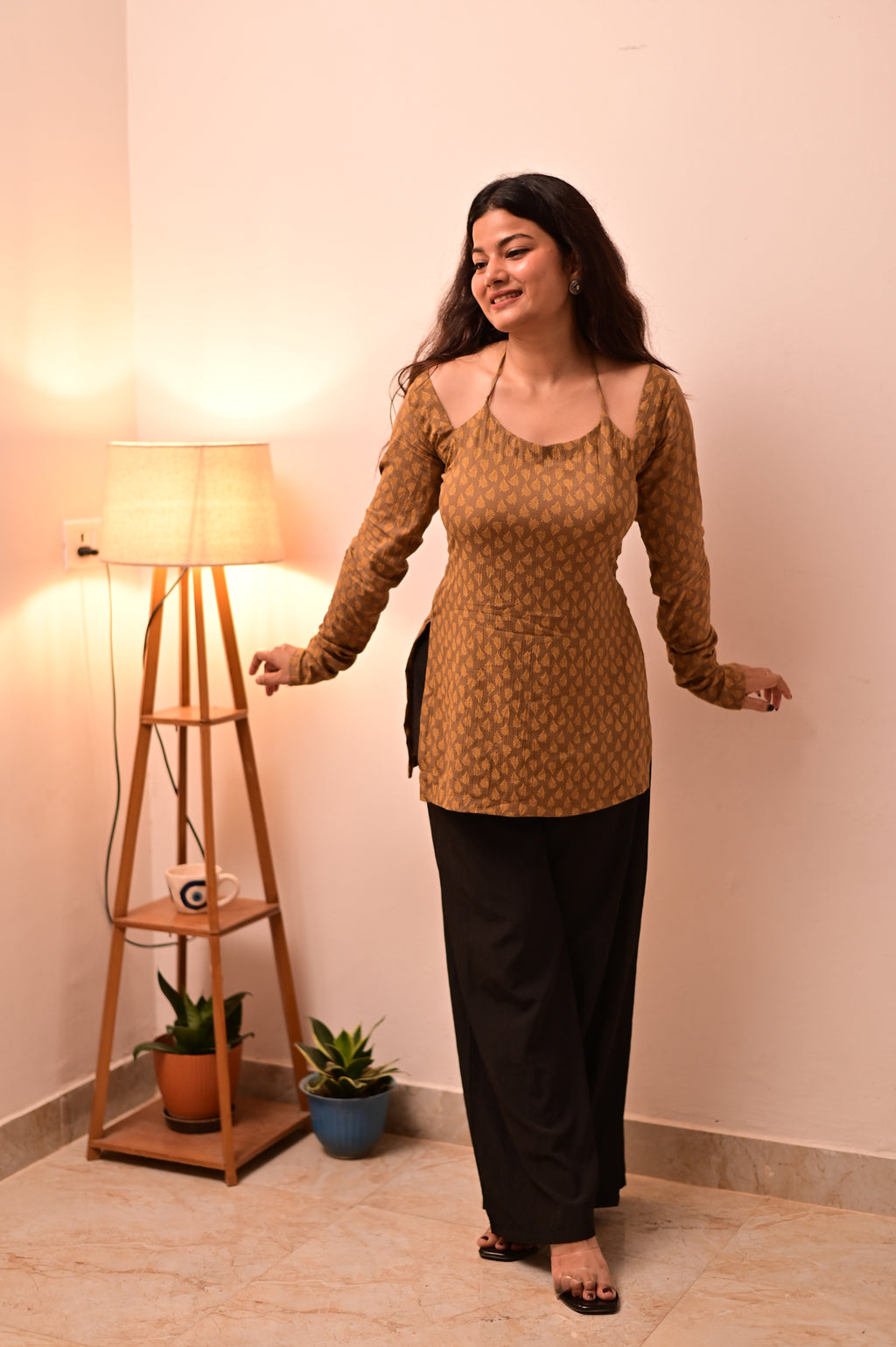 Brown Halter Neck Short Kurti