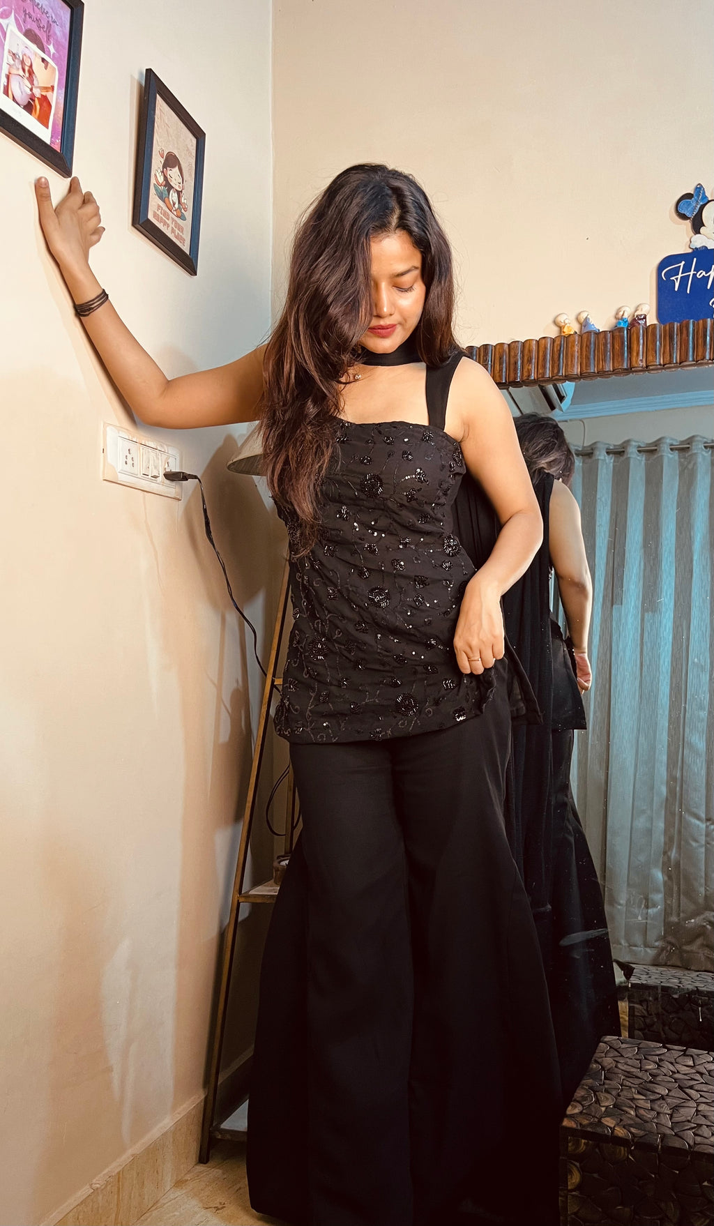 Black Georgette Parallel Suit Set