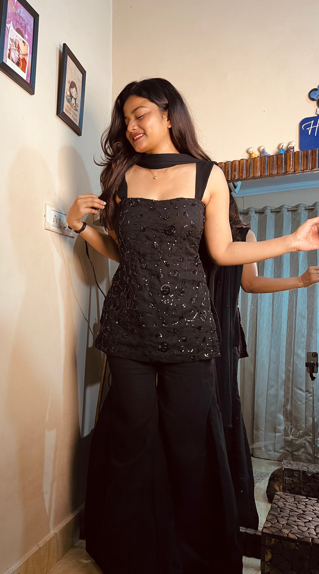 Black Georgette Parallel Suit Set