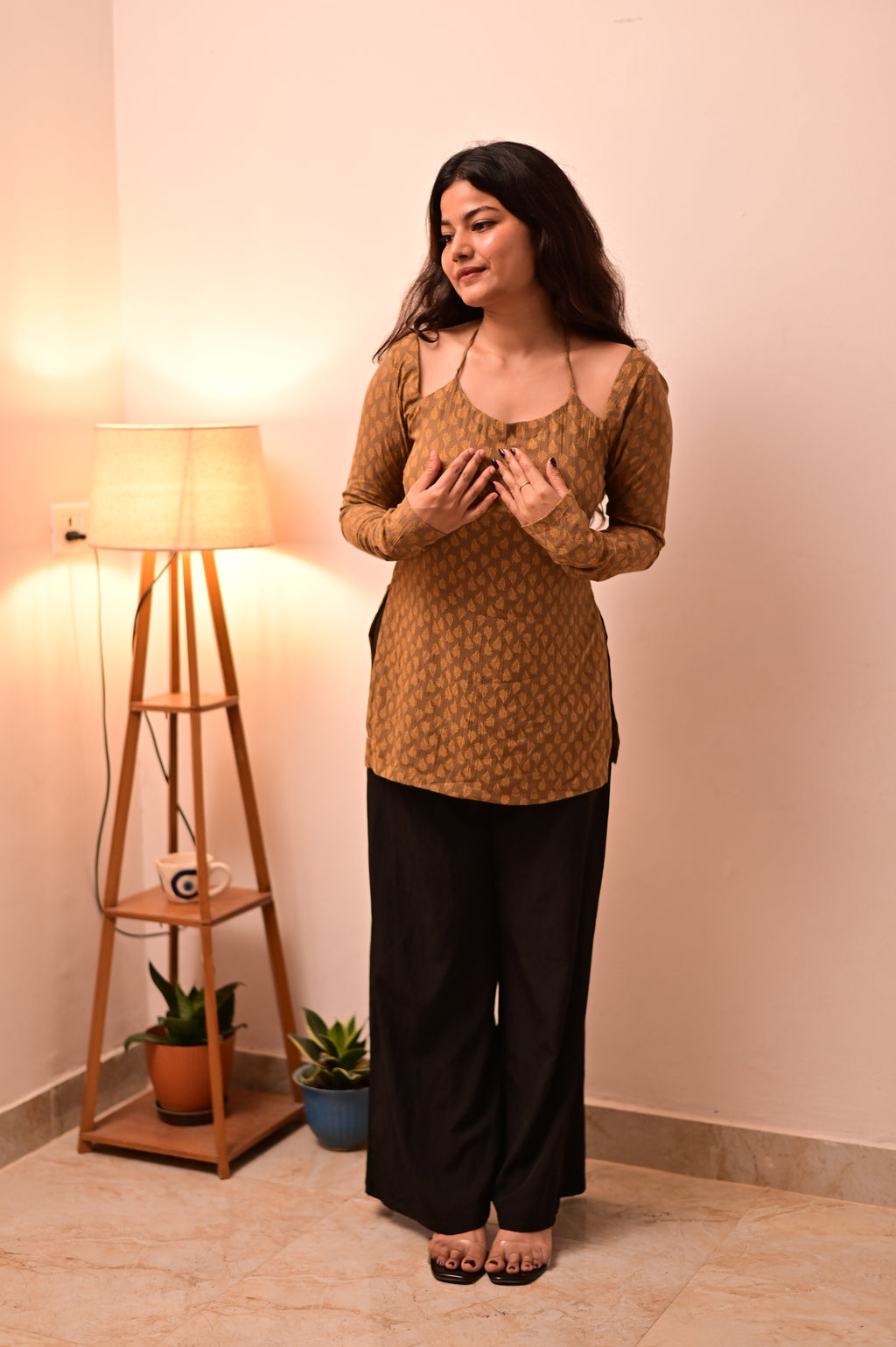 Brown Halter Neck Short Kurti
