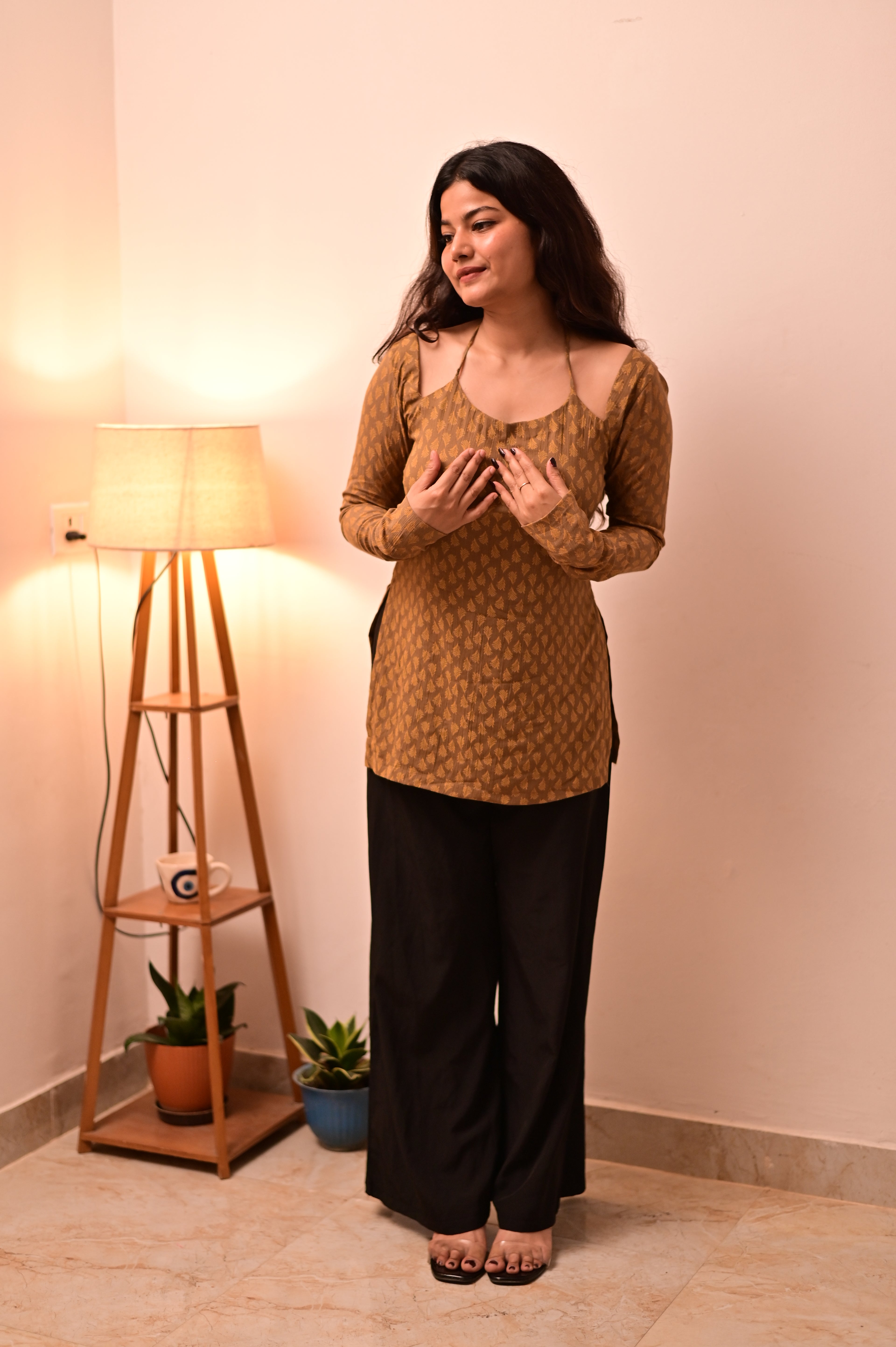 Brown Halter Neck Short Kurti