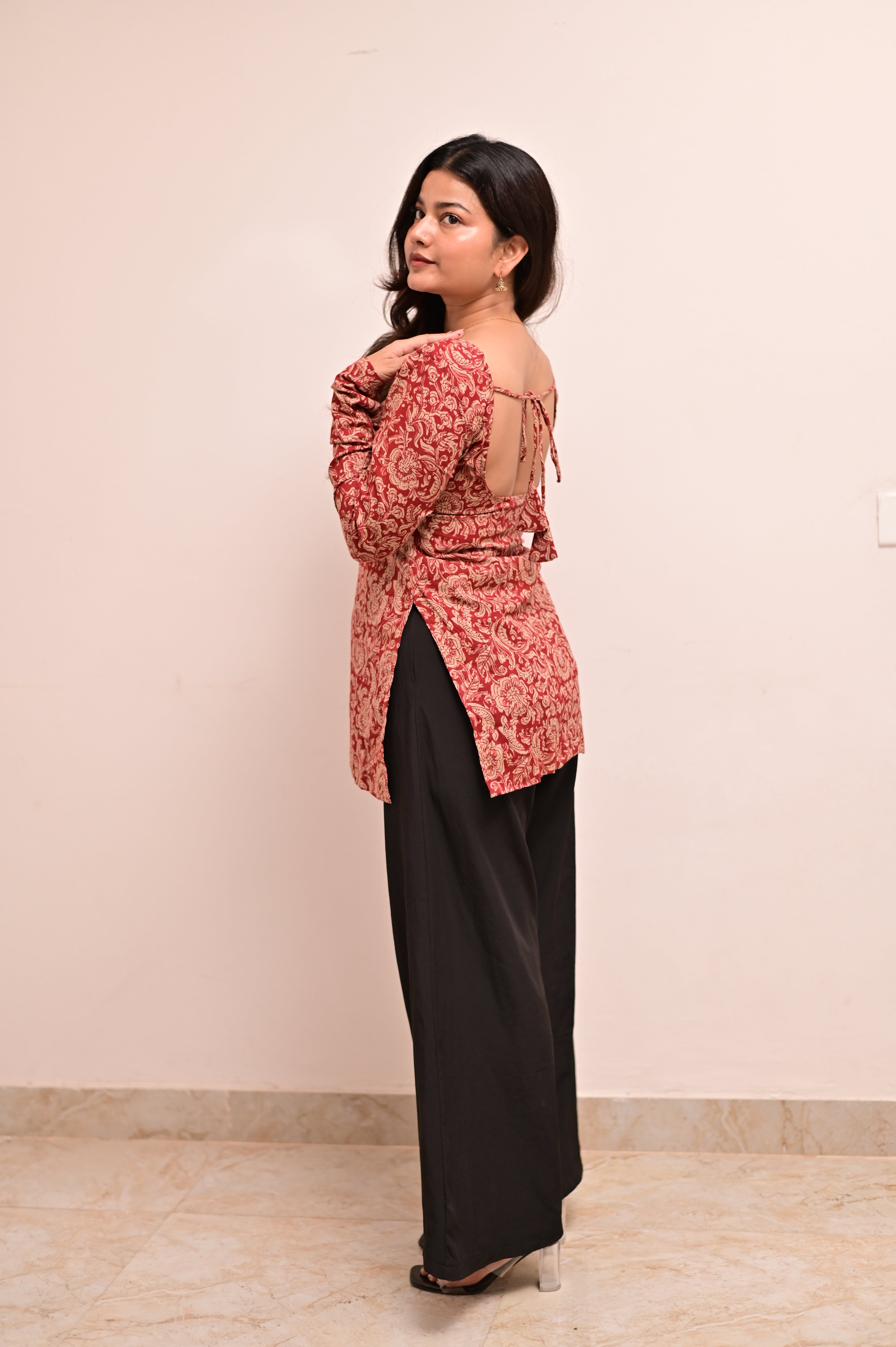 Stylish red cotton short kurti with full sleeves for casual and everyday wear