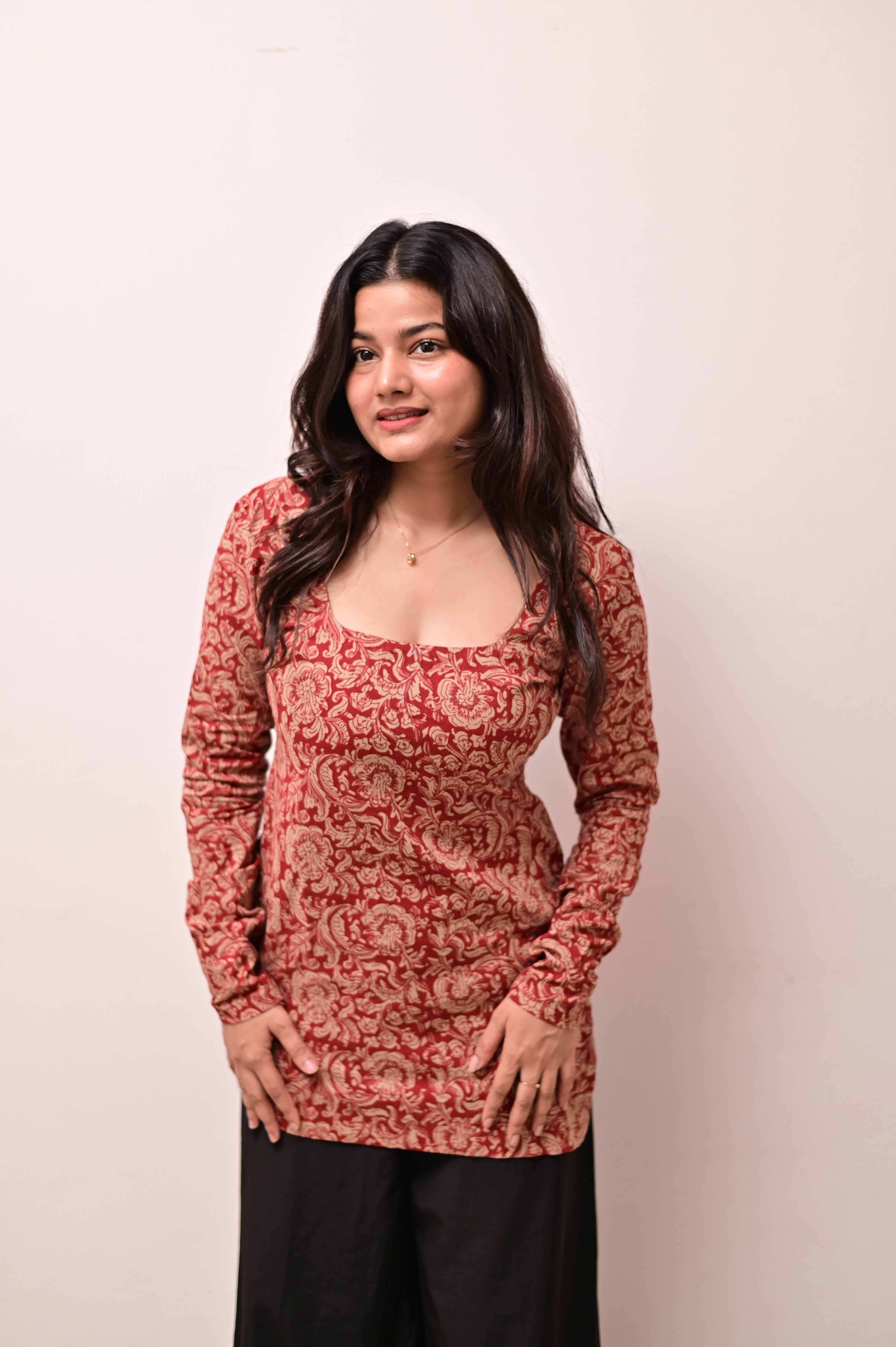 Full Sleeves Red Short Kurti for women crafted in comfortable cotton fabric