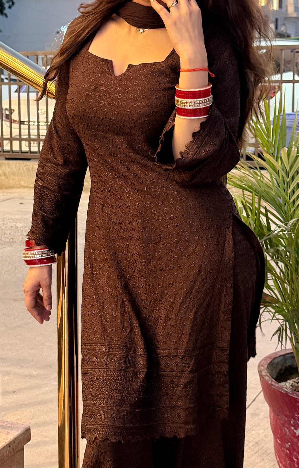 Coffee Brown Chikan Work Suit Set